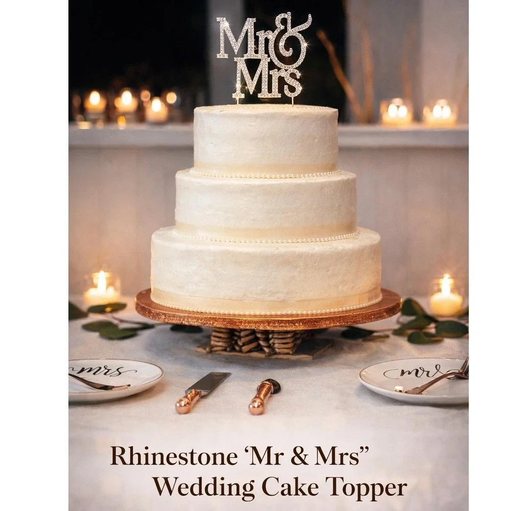 Rhinestone Mr & Mrs Wedding Cake Topper Rose Gold Metal Sparkly‎ Bridal Decor